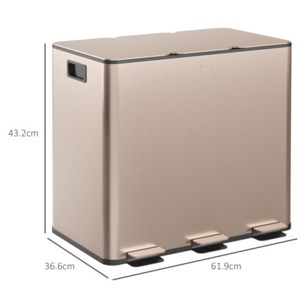 HOMCOM 3 x 15L Triple Kitchen Trash Can, Foot Pedal, Ideal for Recycling and Waste Sorting, Gold
